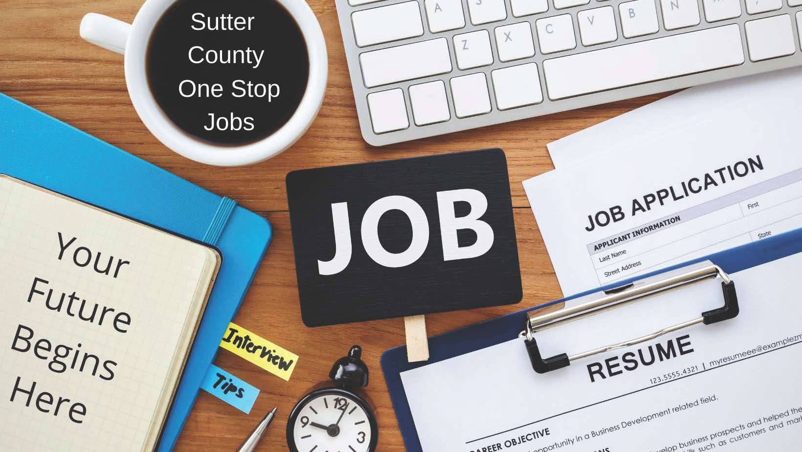 A desk with eyeglasses, a computer keyboard, pen, notepad, a clipboard with an application and resume and a card that says job search on top of it. 